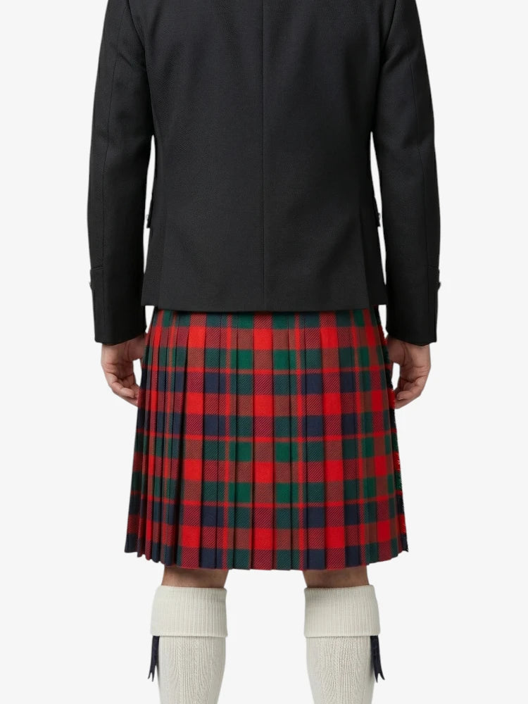 Person wearing a black jacket and red plaid kilt on a white background