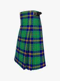 Green and blue plaid kilt with a belt on a white background