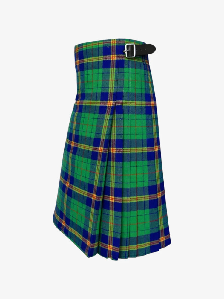 Green and blue plaid kilt with a belt on a white background