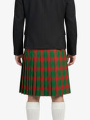 Person wearing a black blazer and red and green plaid kilt on a white background