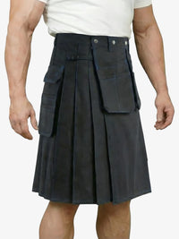 Person wearing a black kilt on a white background
