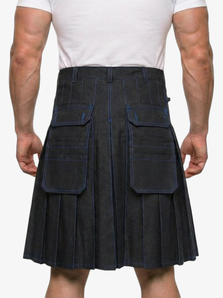 Person wearing a black kilt on a white background