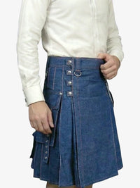 Blue denim kilt worn by a person with a white shirt on a white background