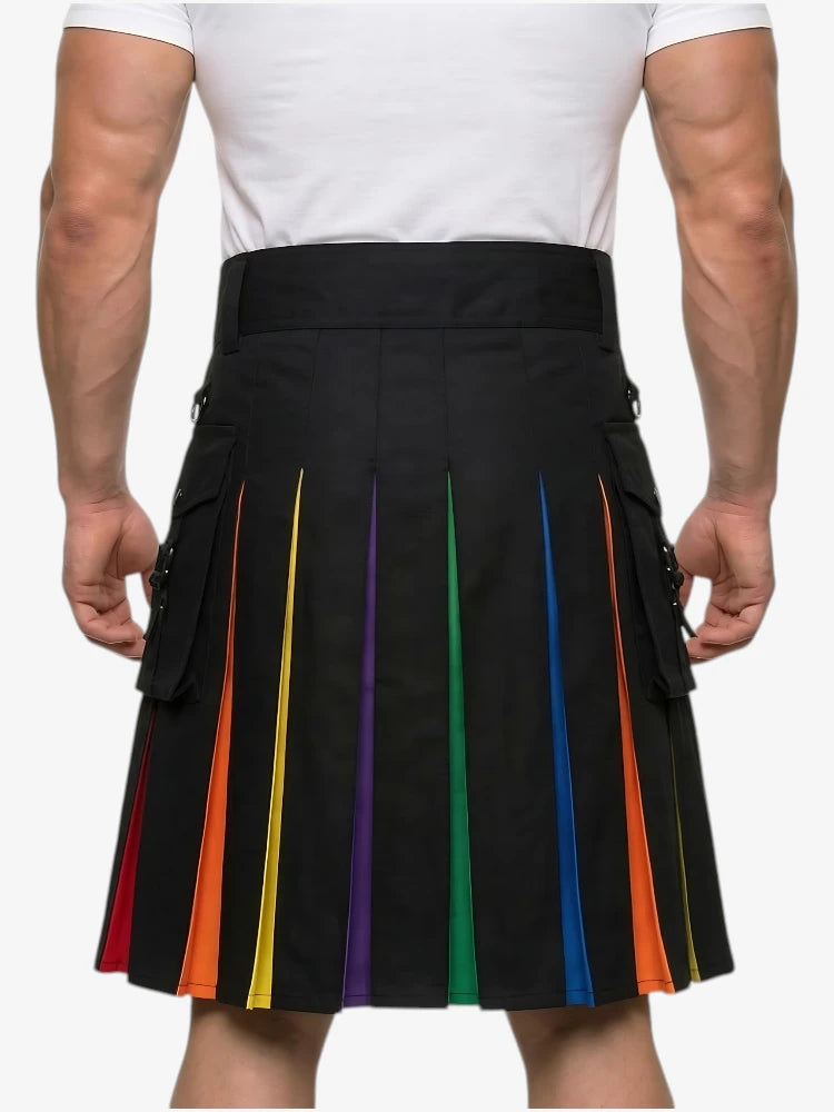 Black kilt with colorful stripes worn by a person on a white background
