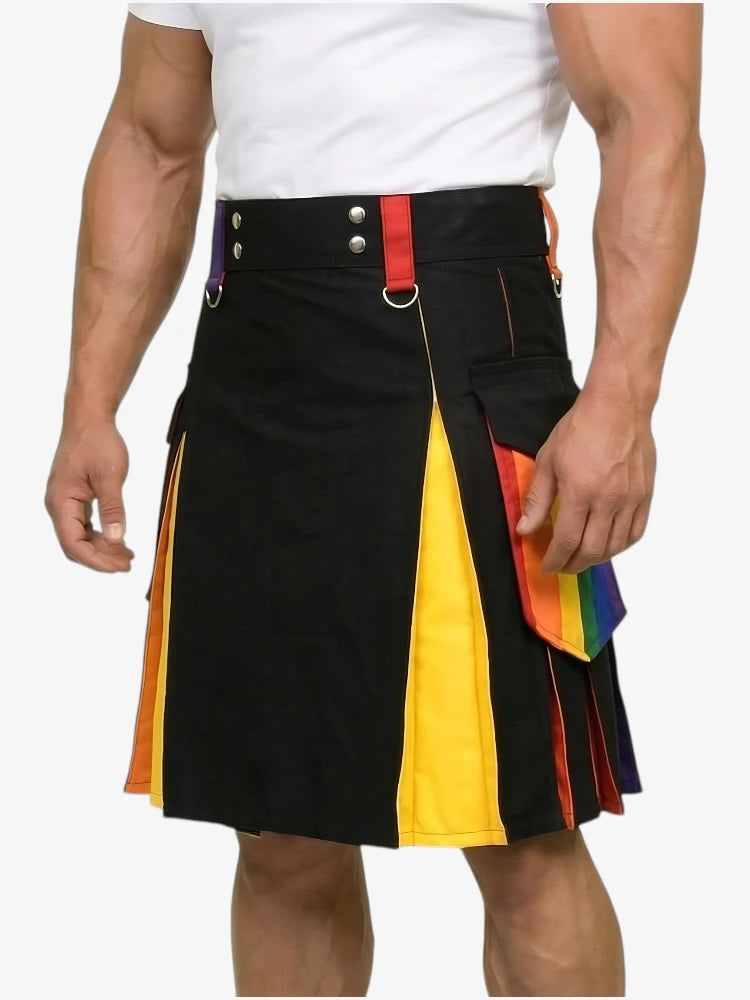 Black kilt with rainbow panel worn by a person on a white background