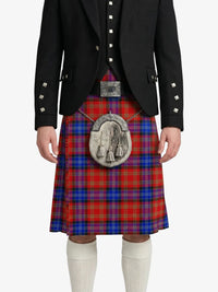 Person wearing a black jacket and red plaid kilt with a silver sporran on a white background