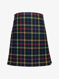Plaid kilt with a blue, red, and green pattern on a white background