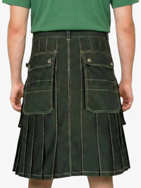 Green kilt worn by a person on a white background