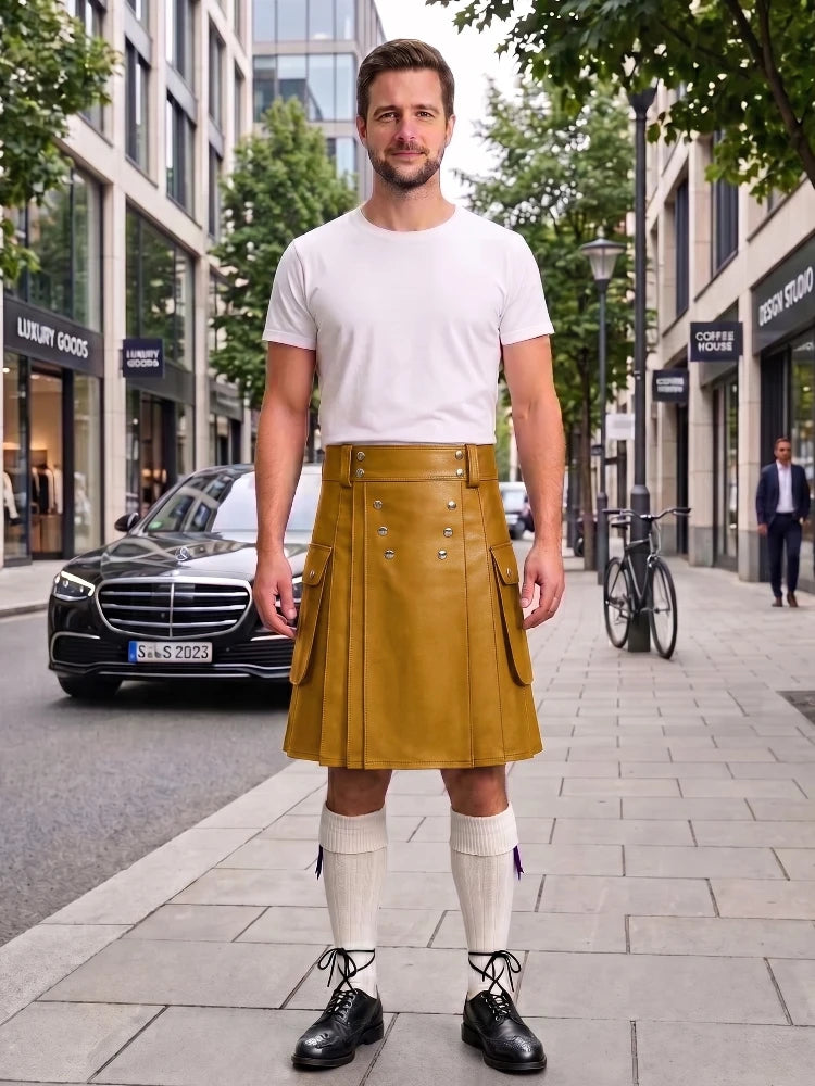 Mustard Yellow Cow Leather Utility Kilts for Men