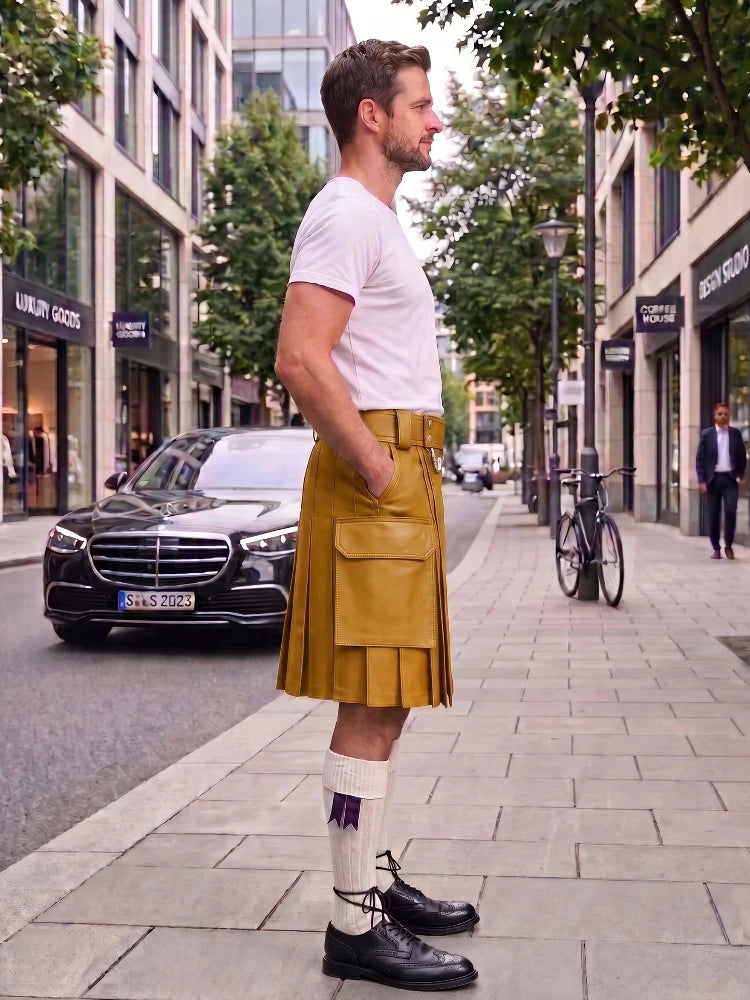 A man standing on a city sidewalk wearing a tan pleated kilt with a white t-shirt, white socks, and black leather shoes. The background shows a street with buildings, trees, and parked cars.