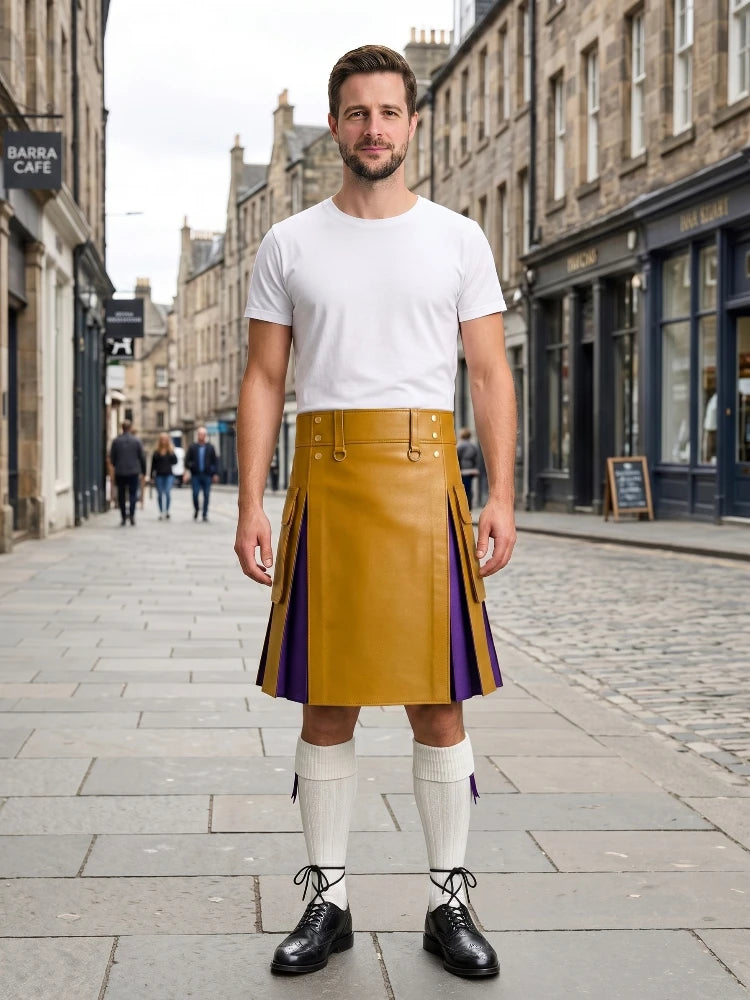Mustard Yellow Leather Kilt With Purple Pleats
