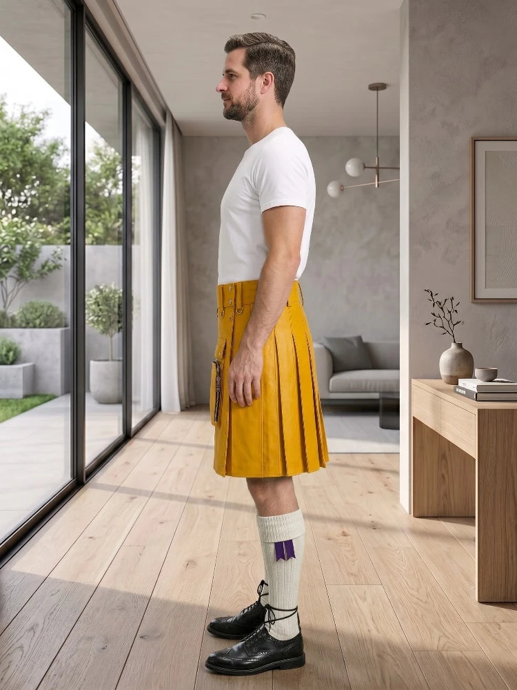 Mustard Yellow Leather Utility Kilt Left Side