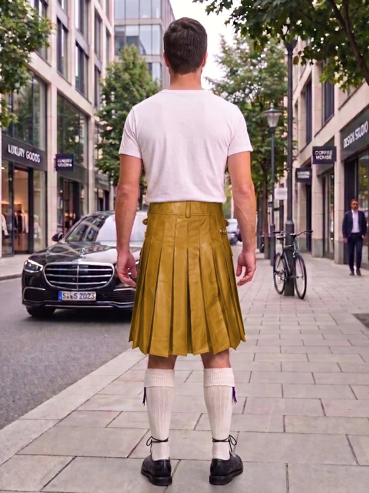 Mustard Yellow Leather Utility Kilt with Sporran