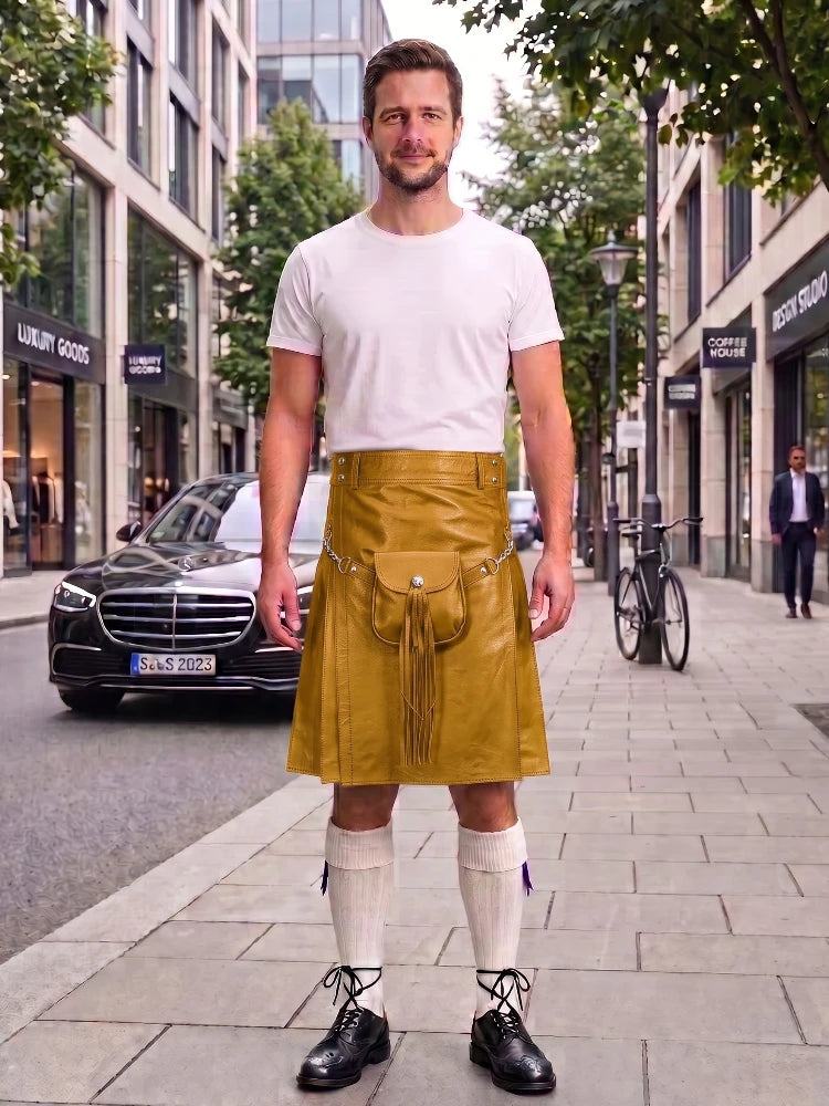 Mustard Yellow Leather Utility Kilt with Sporran