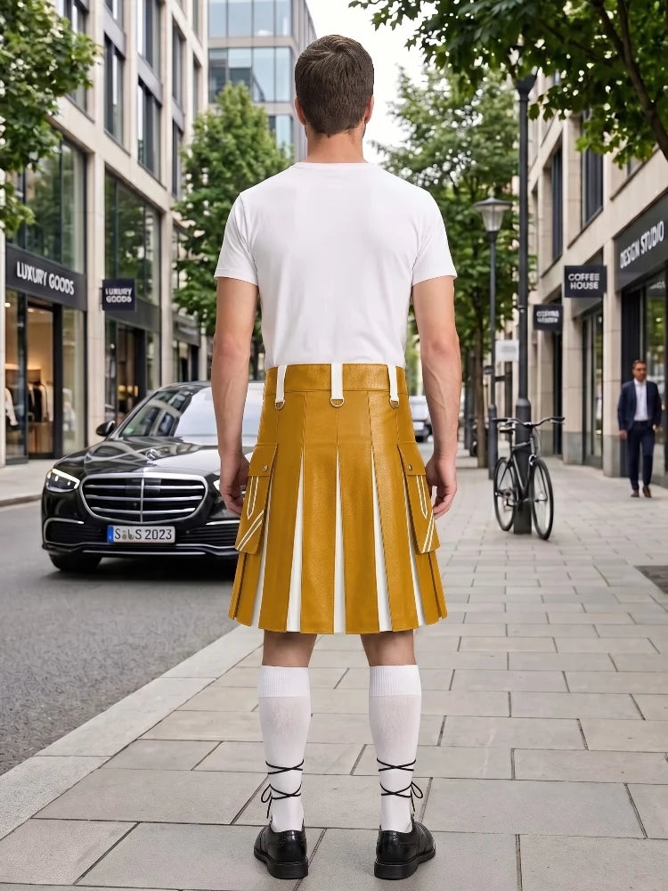Mustard Yellow and White Leather Hybrid Utility Kilt