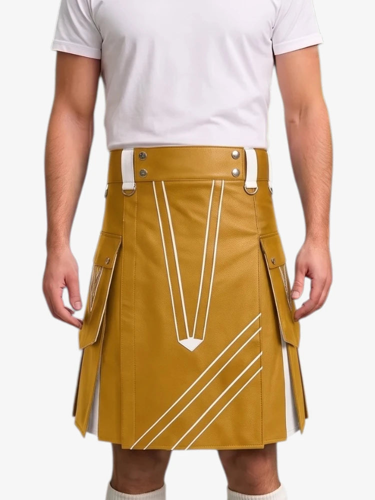 A mustard yellow faux-leather kilt with white graphic line details, worn by a model in a white t-shirt against a light gray background.