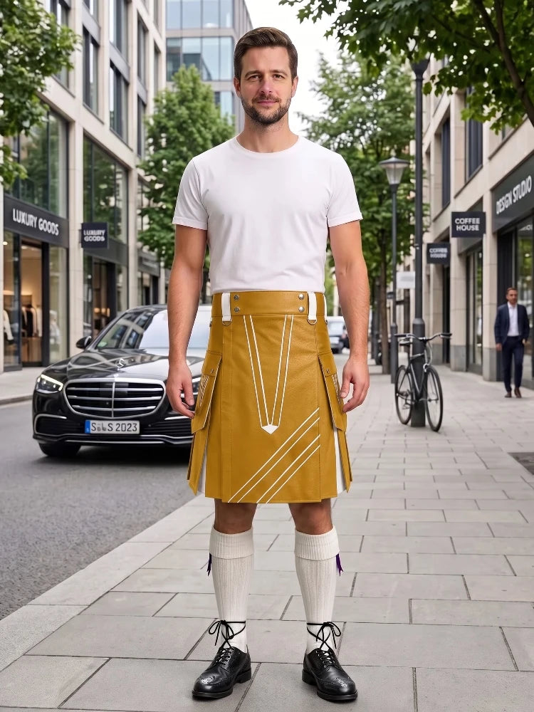 Mustard Yellow and White Leather Hybrid Utility Kilt