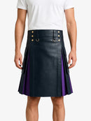 Navey Blue Leather Kilt With Purple Pleats