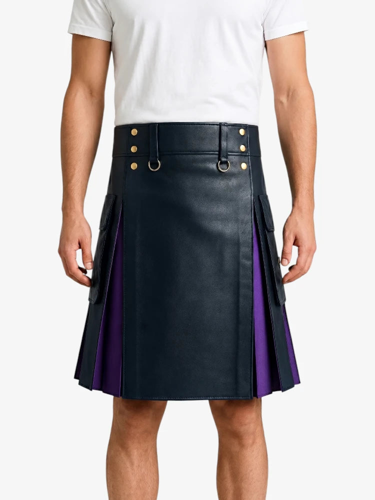 Navey Blue Leather Kilt With Purple Pleats