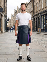 Navey Blue Leather Kilt With Purple Pleats Front Side