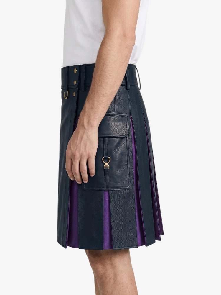 Navey Blue Leather Kilt With Purple Pleats Left