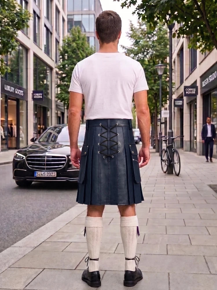 Navy Blue Cow Leather Utility Kilts for Men