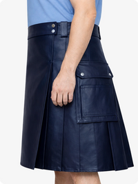 Navy Blue leather kilt worn by a person on a white background