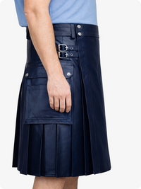 Navy Blue Genuine Leather Utility Kilt with Side Pockets