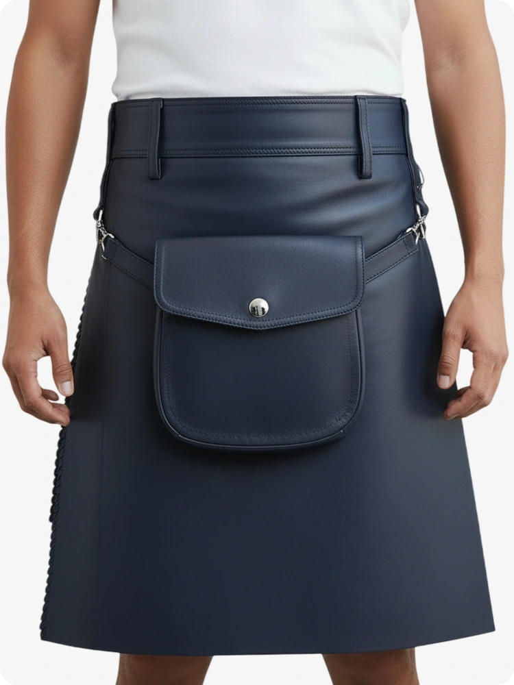 Navy Blue Leather Pleated Kilt with Belt Loops & Side Straps