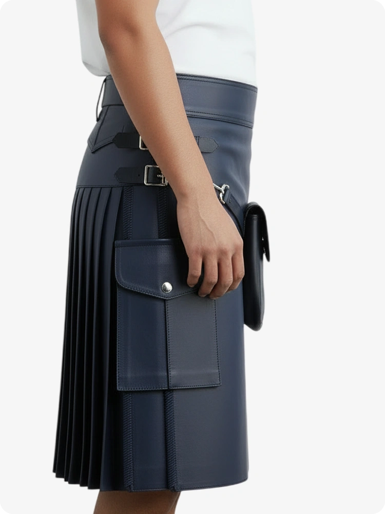Navy Blue Leather Pleated Kilt with Belt Loops & Side Straps