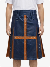 Navy Blue Leather Utility Kilt with Brown Cross Panel & Metal Rivet Detailing