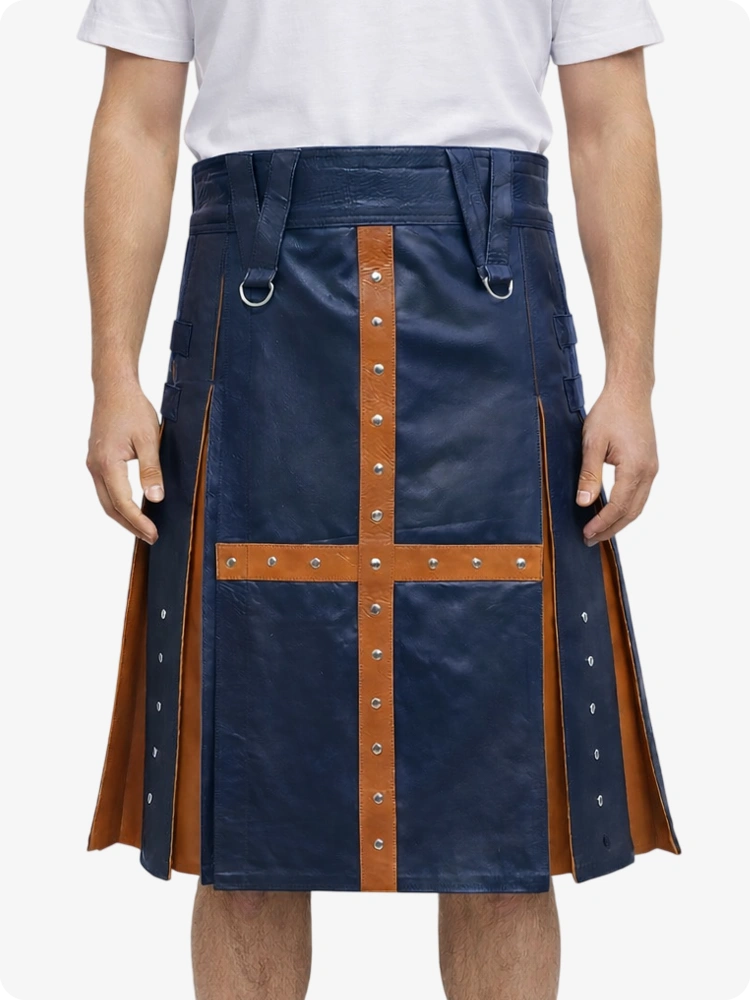Navy Blue Leather Utility Kilt with Brown Cross Panel & Metal Rivet Detailing