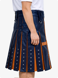 Navy blue kilt with Brown accents worn by a person on a white background