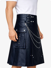 Navy Blue Leather Utility Kilt with Chain Detailing & Adjustable Straps