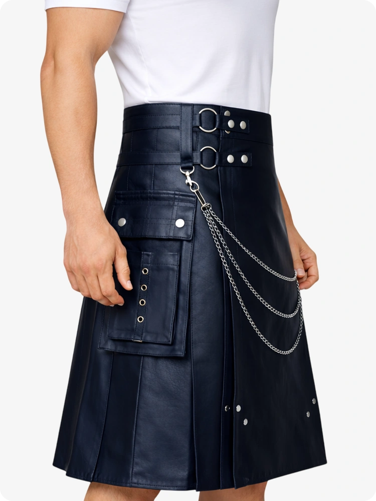 Navy Blue Leather Utility Kilt with Chain Detailing & Adjustable Straps