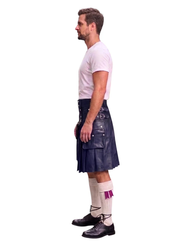 A man shown in profile wearing a dark navy blue leather kilt with multiple utility pockets, a white t-shirt, white socks with a purple accent, and black leather shoes, set against a plain white background.