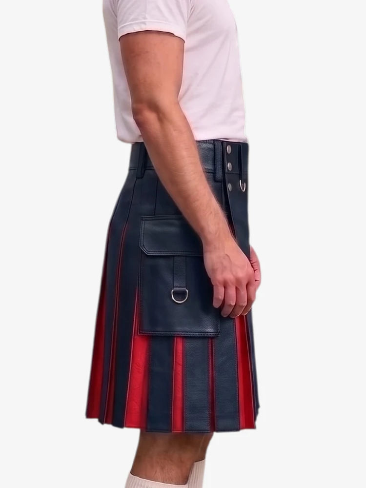 A side view of a person wearing a pleated kilt in navy blue and red, paired with a light pink t-shirt and white socks, against a plain light gray background.