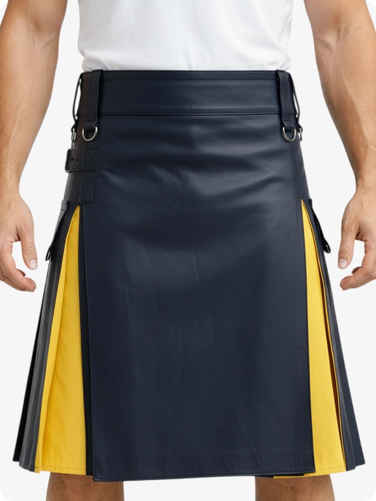 Navy Blue & Yellow Leather Utility Kilt with Cargo Pockets
