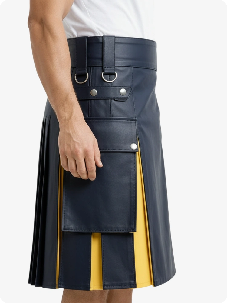 Navy Blue & Yellow Leather Utility Kilt with Cargo Pockets