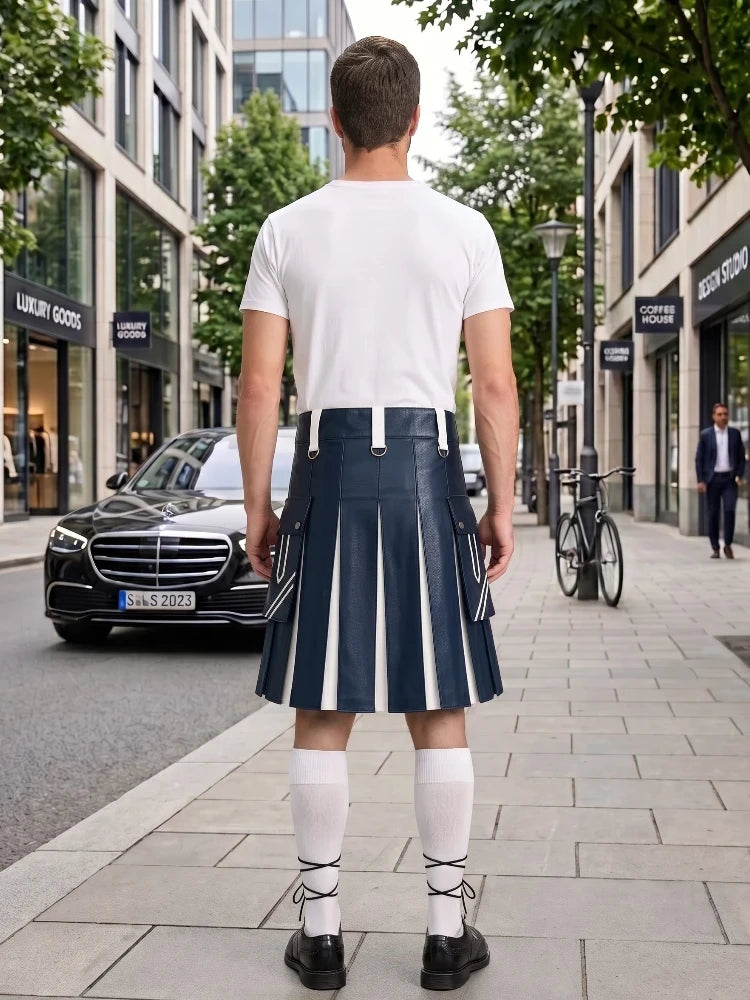 Navy Blue and White Leather Hybrid Utility Kilt