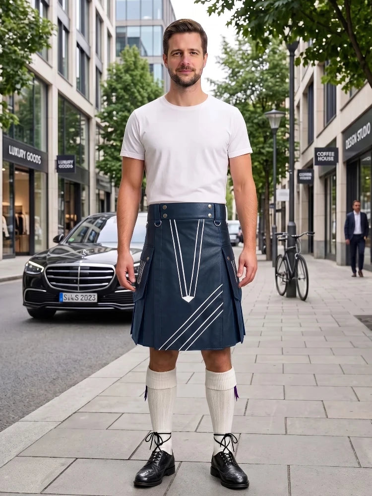 Navy Blue and White Leather Hybrid Utility Kilt