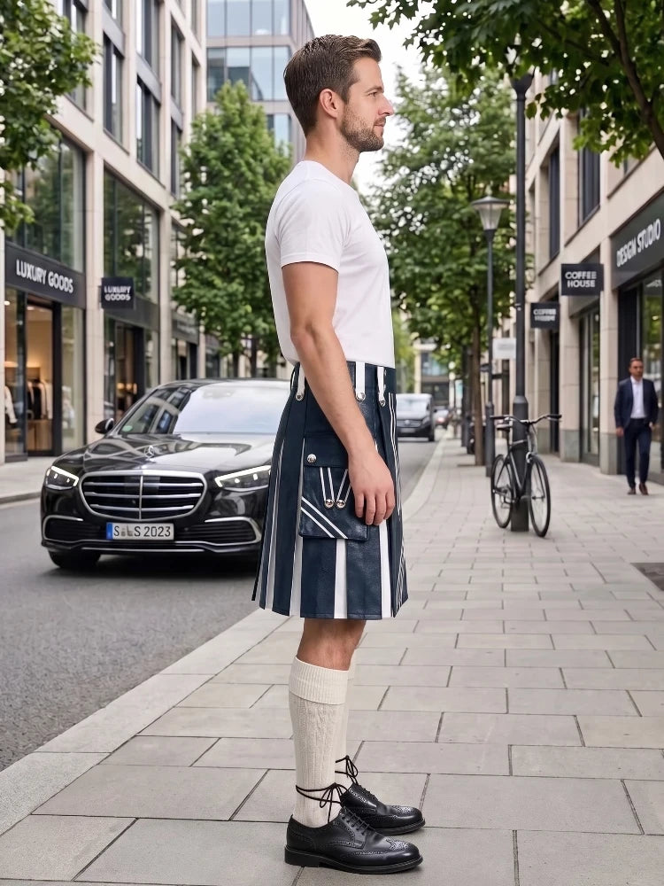 A man stands on a city sidewalk wearing a white short-sleeve T-shirt, a navy kilt with white vertical stripes and white pocket detailing, cream knee-high socks, and black leather oxford shoes. Buildings, trees, a parked black car, and a bicycle are visible in the urban street setting.