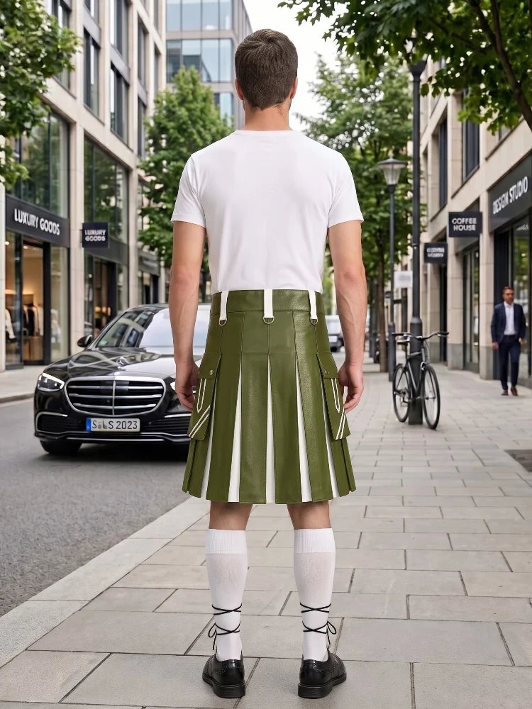 Olive Green and White Leather Hybrid Utility Kilt