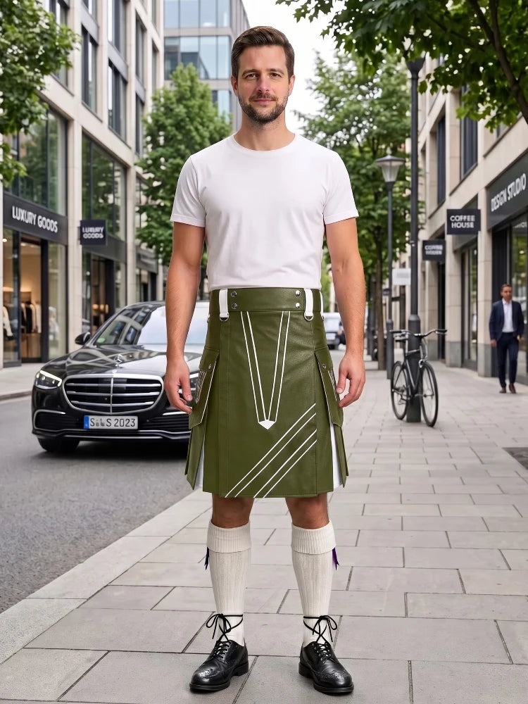 Olive Green and White Leather Hybrid Utility Kilt