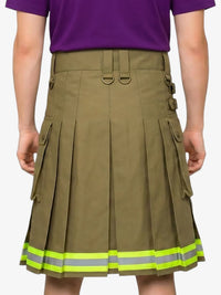 Person wearing a brown pleated skirt with reflective stripes and a purple top on a white background