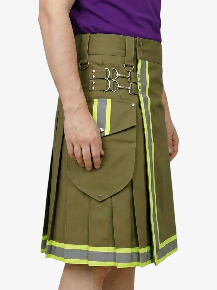 Green kilt with reflective stripes worn by a person on a white background
