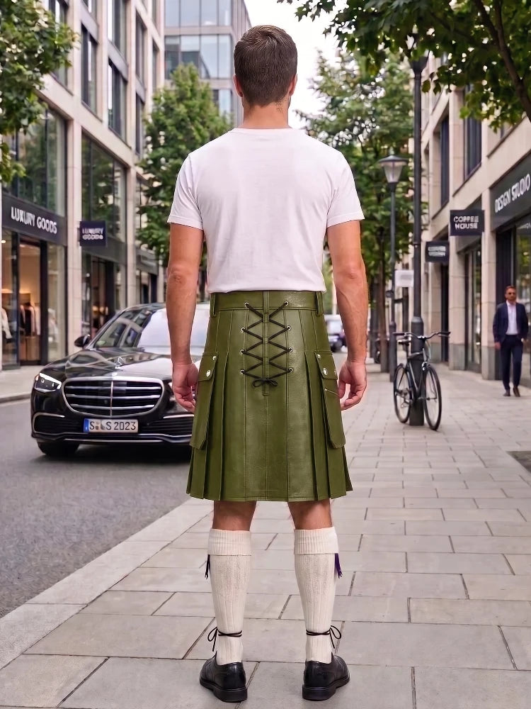 Olive Green Cow Leather Utility Kilts for Men