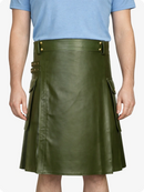 Olive Green Genuine Leather Utility Kilt with Side Pockets