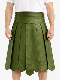 Olive Green pleated skirt worn by a person on a white background
