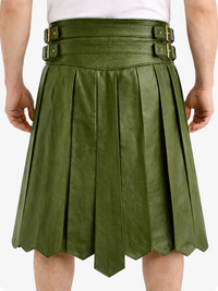 Olive Green pleated skirt with belt on a white background